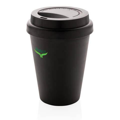 Wiederverwendbarer doppelwandiger Kaffeebecher 300ml schwarz bedrucken, Art.-Nr. P432.691