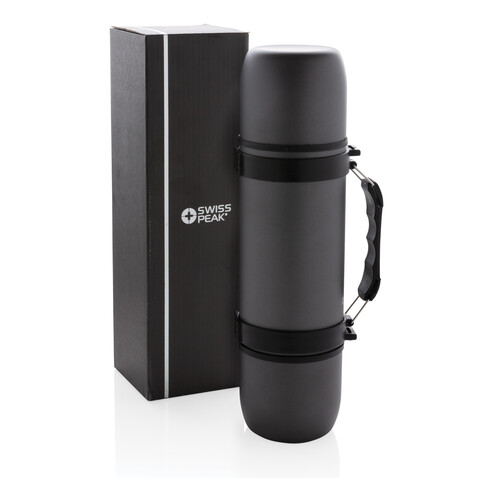 Thermosflasche mit 2 Bechern grau bedrucken, Art.-Nr. P433.330