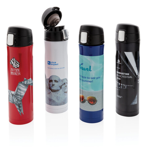 Easy Lock Vakuum Flasche rot, schwarz bedrucken, Art.-Nr. P433.994 Easy Lock Vakuum Flasche rot, schwarz bedrucken, Art.-Nr. P433.994