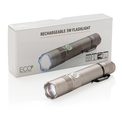 Wiederaufladbare 3W Taschenlampe grau bedrucken, Art.-Nr. P513.591