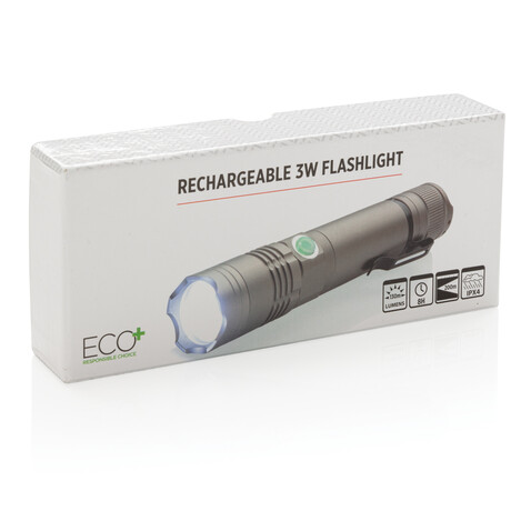 Wiederaufladbare 3W Taschenlampe grau bedrucken, Art.-Nr. P513.591