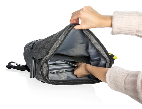 Urban schnitthemmender Anti-Diebstahl-Rucksack grau, schwarz bedrucken, Art.-Nr. P705.642 Urban schnitthemmender Anti-Diebstahl-Rucksack grau, schwarz bedrucken, Art.-Nr. P705.642