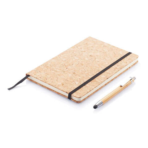 Kork A5 Notizbuch mit Bambus Stift und Stylus braun bedrucken, Art.-Nr. P773.779