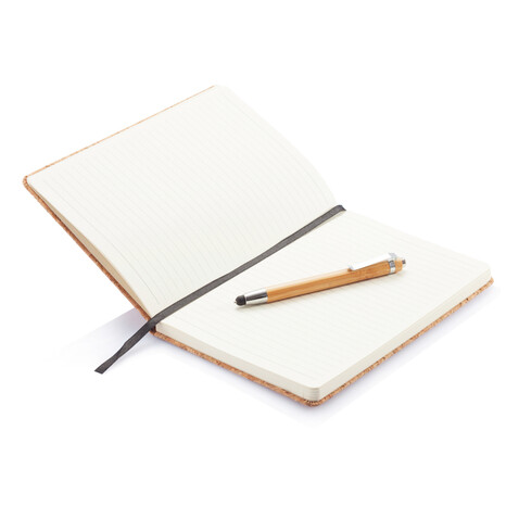 Kork A5 Notizbuch mit Bambus Stift und Stylus braun bedrucken, Art.-Nr. P773.779