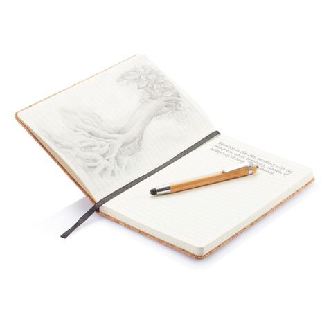 Kork A5 Notizbuch mit Bambus Stift und Stylus braun bedrucken, Art.-Nr. P773.779
