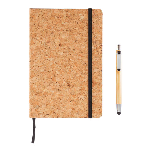 Kork A5 Notizbuch mit Bambus Stift und Stylus braun bedrucken, Art.-Nr. P773.779