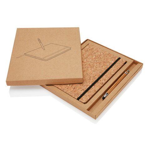 Kork A5 Notizbuch mit Bambus Stift und Stylus braun bedrucken, Art.-Nr. P773.779