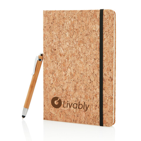 Kork A5 Notizbuch mit Bambus Stift und Stylus braun bedrucken, Art.-Nr. P773.779