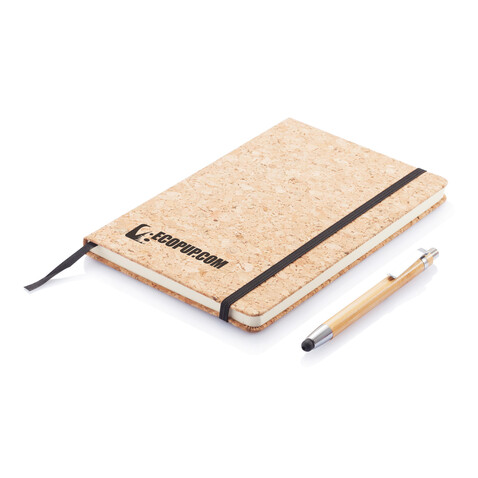 Kork A5 Notizbuch mit Bambus Stift und Stylus braun bedrucken, Art.-Nr. P773.779
