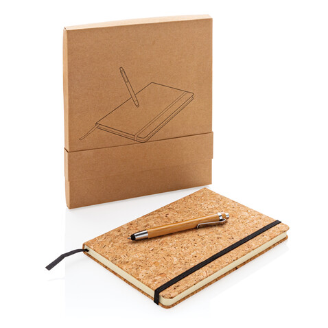 Kork A5 Notizbuch mit Bambus Stift und Stylus braun bedrucken, Art.-Nr. P773.779