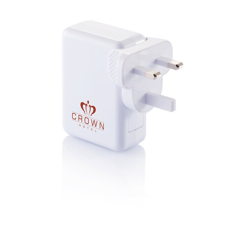 Reiseadapter mit 4fachem USB Anschluss weiß bedrucken, Art.-Nr. P820.373 Reiseadapter mit 4fachem USB Anschluss weiß bedrucken, Art.-Nr. P820.373