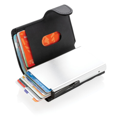 Aluminium RFID Kartenhalter mit PU-Börse schwarz bedrucken, Art.-Nr. P850.341 Aluminium RFID Kartenhalter mit PU-Börse schwarz bedrucken, Art.-Nr. P850.341