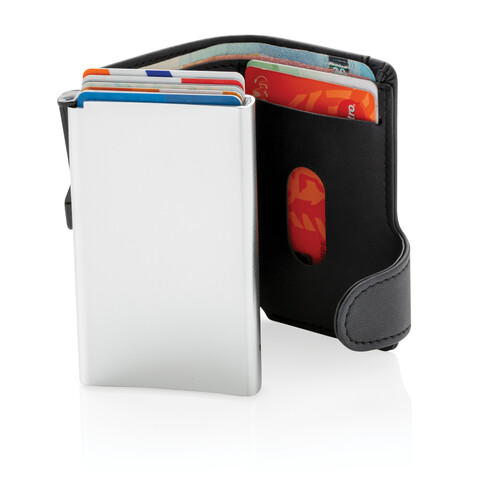 Aluminium RFID Kartenhalter mit PU-Börse schwarz bedrucken, Art.-Nr. P850.341 Aluminium RFID Kartenhalter mit PU-Börse schwarz bedrucken, Art.-Nr. P850.341