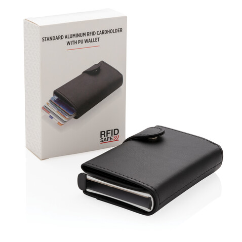 Aluminium RFID Kartenhalter mit PU-Börse schwarz bedrucken, Art.-Nr. P850.341 Aluminium RFID Kartenhalter mit PU-Börse schwarz bedrucken, Art.-Nr. P850.341