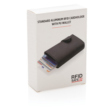 Aluminium RFID Kartenhalter mit PU-Börse schwarz bedrucken, Art.-Nr. P850.341 Aluminium RFID Kartenhalter mit PU-Börse schwarz bedrucken, Art.-Nr. P850.341