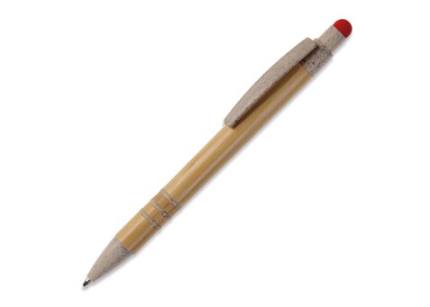 Kugelschreiber Bambus mit Touchpen und Weizenstroh Elementen - Beige / Rot bedrucken, Art.-Nr. LT87282-N5521