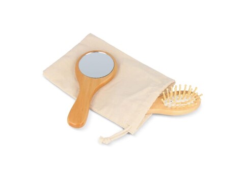 Schima superba Holz Pinsel &amp; Spiegel Set - Natur bedrucken, Art.-Nr. LT90751-N0094