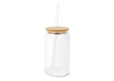 Glas mit Bambusdeckel &amp; Strohhalm 450ml - Transparent bedrucken, Art.-Nr. LT98320-N0004