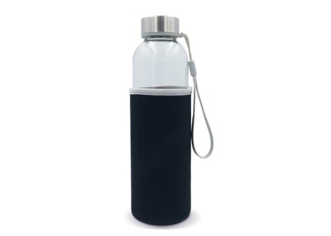 Trinkflasche aus Glas mit Neoprenhülle 500ml - Transparent / Schwarz bedrucken, Art.-Nr. LT98822-N0402