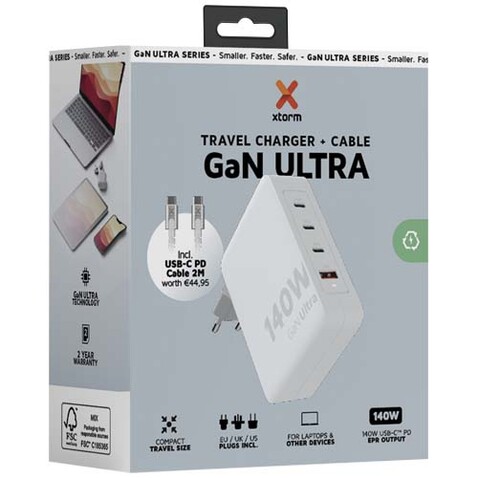 Xtorm XVC2140 GaN Ultra 140 W Reiseladegerät mit 240 W USB-C PD-Kabel, weiss bedrucken, Art.-Nr. 12439701 Xtorm XVC2140 GaN Ultra 140 W Reiseladegerät mit 240 W USB-C PD-Kabel, weiss bedrucken, Art.-Nr. 12439701