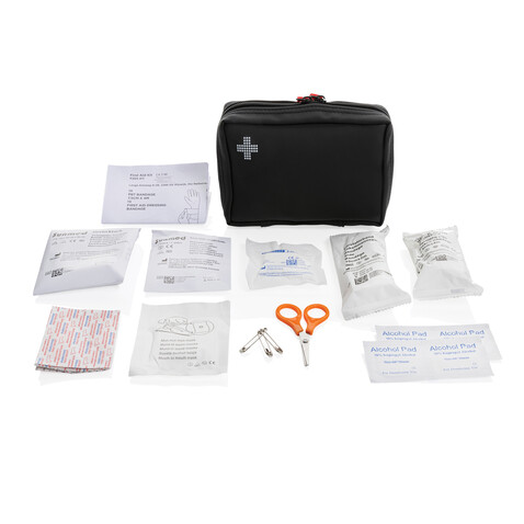 Erste-Hilfe-Set in RCS recycelter Nubuk-PU Tasche schwarz bedrucken, Art.-Nr. P265.411