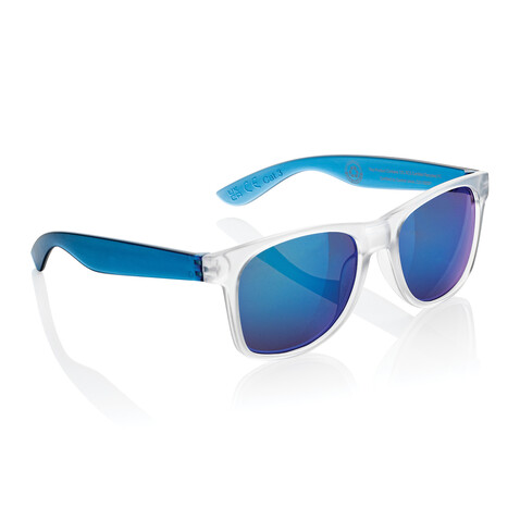 Gleam Sonnenbrille aus RCS rec. PC mit verspiegelten Gläsern blau, weiß bedrucken, Art.-Nr. P453.8705 Gleam Sonnenbrille aus RCS rec. PC mit verspiegelten Gläsern blau, weiß bedrucken, Art.-Nr. P453.8705