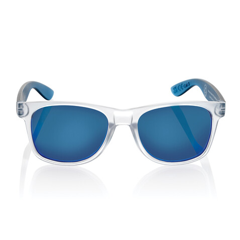 Gleam Sonnenbrille aus RCS rec. PC mit verspiegelten Gläsern blau, weiß bedrucken, Art.-Nr. P453.8705 Gleam Sonnenbrille aus RCS rec. PC mit verspiegelten Gläsern blau, weiß bedrucken, Art.-Nr. P453.8705