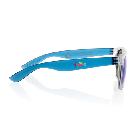 Gleam Sonnenbrille aus RCS rec. PC mit verspiegelten Gläsern blau, weiß bedrucken, Art.-Nr. P453.8705 Gleam Sonnenbrille aus RCS rec. PC mit verspiegelten Gläsern blau, weiß bedrucken, Art.-Nr. P453.8705