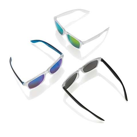 Gleam Sonnenbrille aus RCS rec. PC mit verspiegelten Gläsern blau, weiß bedrucken, Art.-Nr. P453.8705 Gleam Sonnenbrille aus RCS rec. PC mit verspiegelten Gläsern blau, weiß bedrucken, Art.-Nr. P453.8705