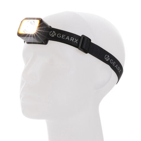 Gear X Hochleistungs-Kopflampe aus RCS rPlastik schwarz, grau bedrucken, Art.-Nr. P513.102