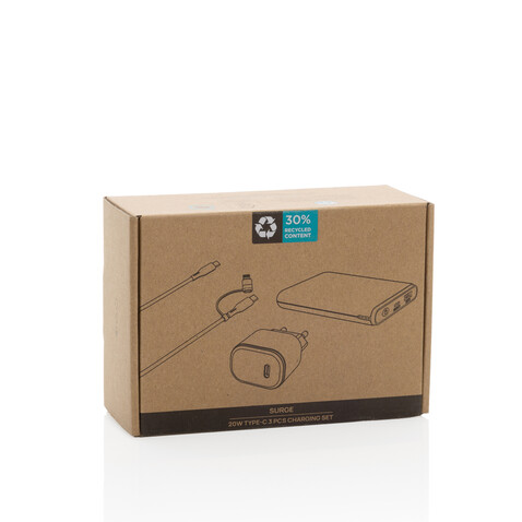 Surge 3-tlg. 20W Type-C Ladeset aus RCS recyceltem PET schwarz bedrucken, Art.-Nr. P301.2601 Surge 3-tlg. 20W Type-C Ladeset aus RCS recyceltem PET schwarz bedrucken, Art.-Nr. P301.2601