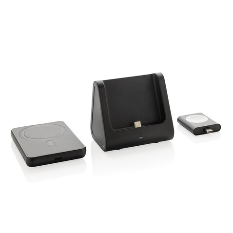 Powerbase 3-in-1-Charger aus RCS Kunststoff mit Powerbank schwarz bedrucken, Art.-Nr. P309.0201 Powerbase 3-in-1-Charger aus RCS Kunststoff mit Powerbank schwarz bedrucken, Art.-Nr. P309.0201