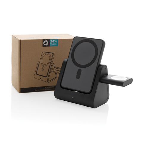 Powerbase 3-in-1-Charger aus RCS Kunststoff mit Powerbank schwarz bedrucken, Art.-Nr. P309.0201 Powerbase 3-in-1-Charger aus RCS Kunststoff mit Powerbank schwarz bedrucken, Art.-Nr. P309.0201