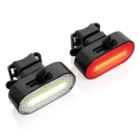 Lumino USB Fahrradlicht-Set aus RCS recyceltem Kunststoff schwarz bedrucken, Art.-Nr. P513.8401 Lumino USB Fahrradlicht-Set aus RCS recyceltem Kunststoff schwarz bedrucken, Art.-Nr. P513.8401