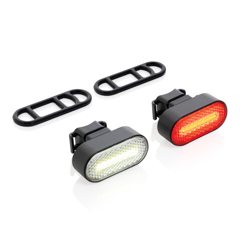 Lumino USB Fahrradlicht-Set aus RCS recyceltem Kunststoff schwarz bedrucken, Art.-Nr. P513.8401 Lumino USB Fahrradlicht-Set aus RCS recyceltem Kunststoff schwarz bedrucken, Art.-Nr. P513.8401