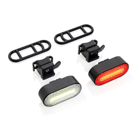 Lumino USB Fahrradlicht-Set aus RCS recyceltem Kunststoff schwarz bedrucken, Art.-Nr. P513.8401 Lumino USB Fahrradlicht-Set aus RCS recyceltem Kunststoff schwarz bedrucken, Art.-Nr. P513.8401