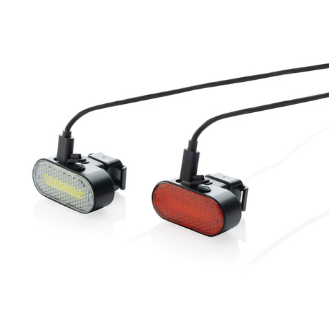 Lumino USB Fahrradlicht-Set aus RCS recyceltem Kunststoff schwarz bedrucken, Art.-Nr. P513.8401 Lumino USB Fahrradlicht-Set aus RCS recyceltem Kunststoff schwarz bedrucken, Art.-Nr. P513.8401