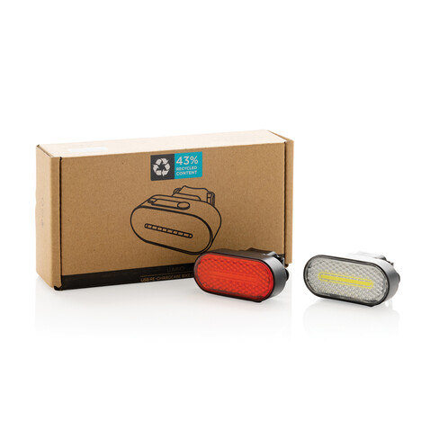 Lumino USB Fahrradlicht-Set aus RCS recyceltem Kunststoff schwarz bedrucken, Art.-Nr. P513.8401 Lumino USB Fahrradlicht-Set aus RCS recyceltem Kunststoff schwarz bedrucken, Art.-Nr. P513.8401