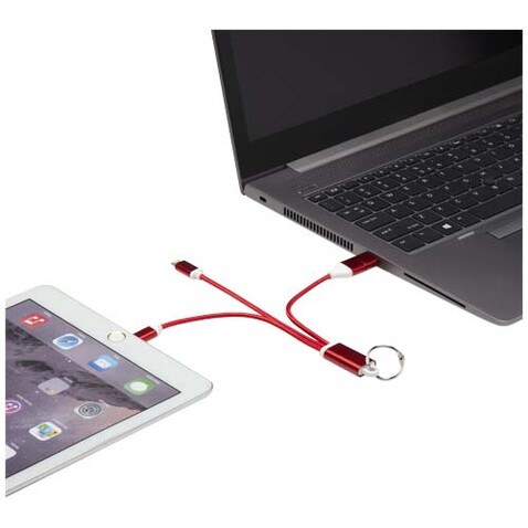 Metal 4-in-1 Ladekabel aus recyceltem Aluminium mit Schlüsselanhänger, rot bedrucken, Art.-Nr. 12438221 Metal 4-in-1 Ladekabel aus recyceltem Aluminium mit Schlüsselanhänger, rot bedrucken, Art.-Nr. 12438221