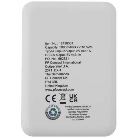 Asama 5000 mAh Typ-C Powerbank aus recyceltem Kunststoff, weiss bedrucken, Art.-Nr. 12438301 Asama 5000 mAh Typ-C Powerbank aus recyceltem Kunststoff, weiss bedrucken, Art.-Nr. 12438301