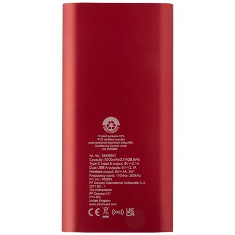 Juice 8000 mAh Typ-C kabellose Powerbank aus recyceltem Aluminium, rot bedrucken, Art.-Nr. 12438521 Juice 8000 mAh Typ-C kabellose Powerbank aus recyceltem Aluminium, rot bedrucken, Art.-Nr. 12438521