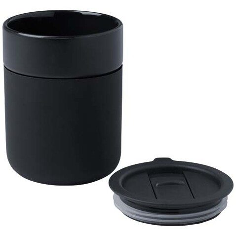 Java 330 ml Keramikbecher mit Silikonhülle und Kunststoffdeckel, schwarz bedrucken, Art.-Nr. 10080890 Java 330 ml Keramikbecher mit Silikonhülle und Kunststoffdeckel, schwarz bedrucken, Art.-Nr. 10080890