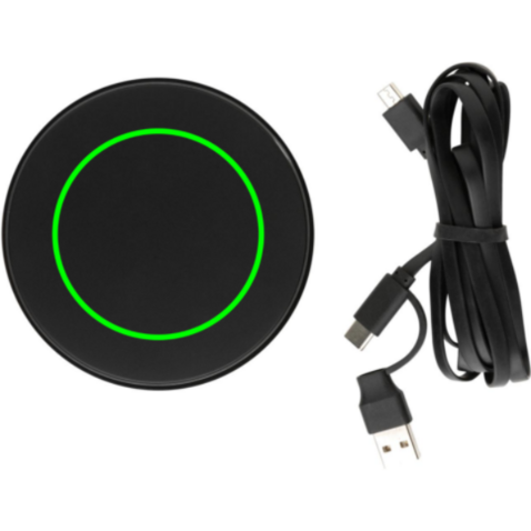 10W Wireless Charger aus RCS Standard recyceltem Kunststoff schwarz bedrucken, Art.-Nr. P308.661 10W Wireless Charger aus RCS Standard recyceltem Kunststoff schwarz bedrucken, Art.-Nr. P308.661