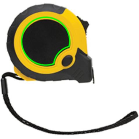 5m/19mm Maßband mit Stop-Taste aus RCS recycelt. Kunststoff gelb, schwarz bedrucken, Art.-Nr. P112.136