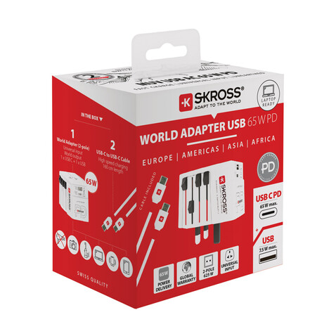 SKROSS World Travel Adapter MUV 65W PD mit USB-C-Kabel weiß bedrucken, Art.-Nr. RB1.302976 SKROSS World Travel Adapter MUV 65W PD mit USB-C-Kabel weiß bedrucken, Art.-Nr. RB1.302976