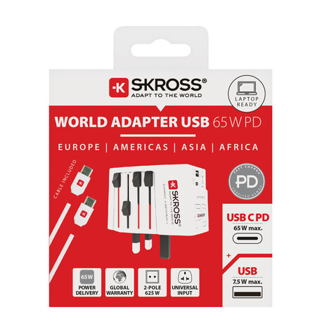SKROSS World Travel Adapter MUV 65W PD mit USB-C-Kabel weiß bedrucken, Art.-Nr. RB1.302976 SKROSS World Travel Adapter MUV 65W PD mit USB-C-Kabel weiß bedrucken, Art.-Nr. RB1.302976