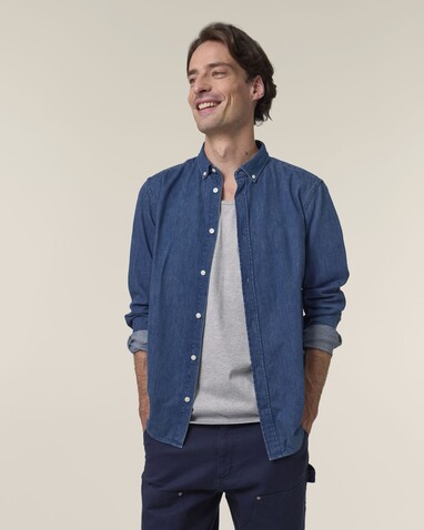 Stanley Denim Shirt - Das Herren-Jeanshemd - Mid Wash - S bedrucken, Art.-Nr. STWM967C3711S