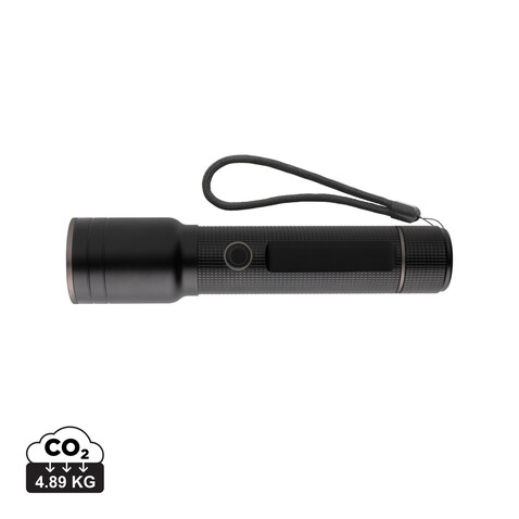 Heavy-Duty USB-Taschenlampe aus RCS recyceltem Aluminium schwarz bedrucken, Art.-Nr. P513.931