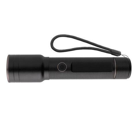 Heavy-Duty USB-Taschenlampe aus RCS recyceltem Aluminium schwarz bedrucken, Art.-Nr. P513.931