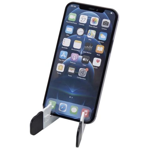 Buna faltbare Tablet- und Smartphonehalterung aus recyceltem Kunststoff, weiss bedrucken, Art.-Nr. 10460701